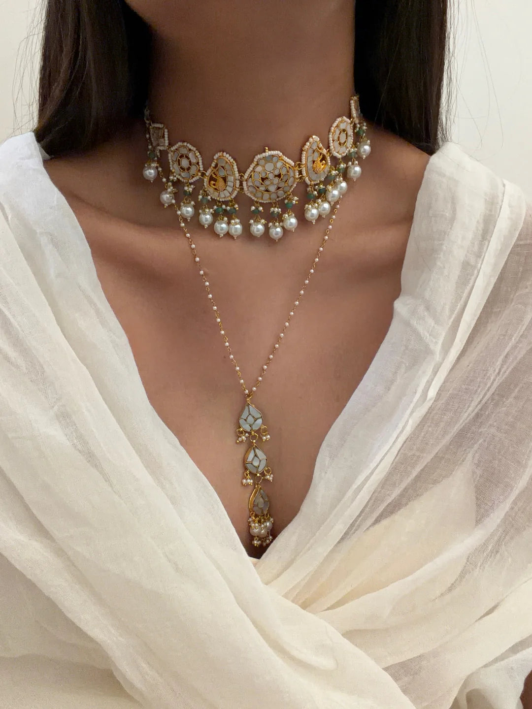 Moon crust long strand necklace set