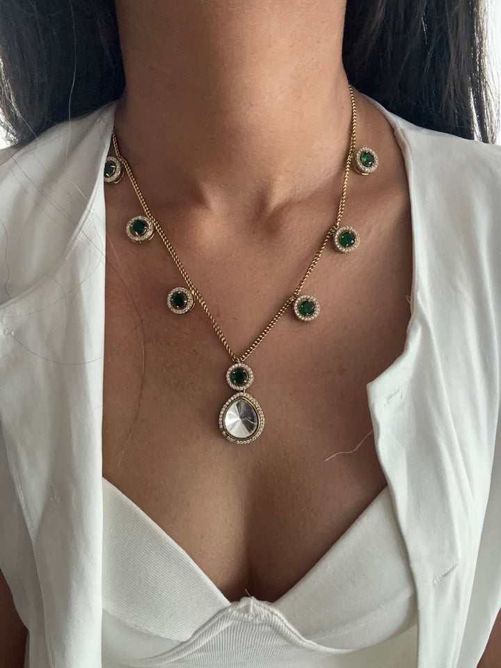 Tia green polki necklace set