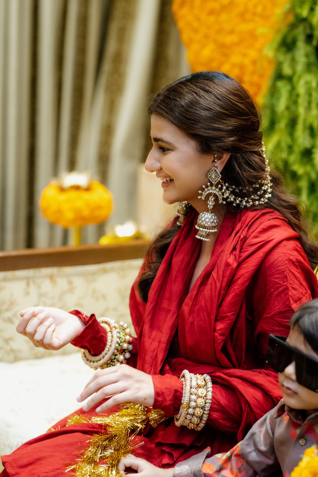 Taabir sun earrings with pearl strands