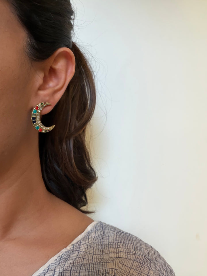 Navratan crescent stud earrings