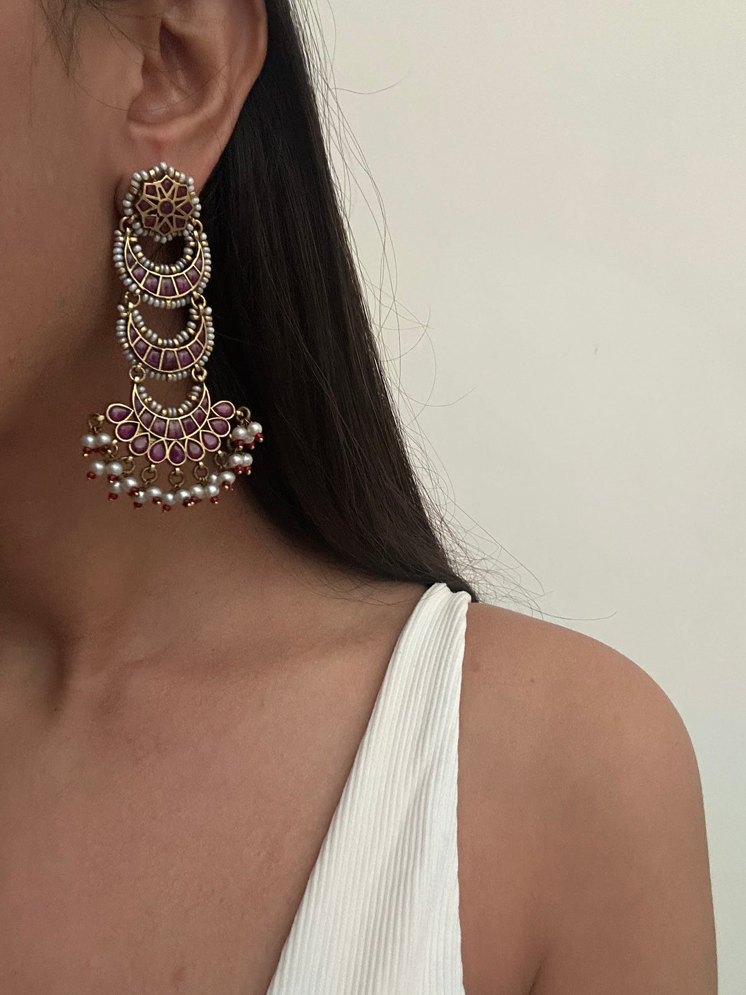 Pink chand jhumka earrings