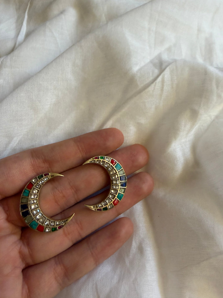 Navratan crescent stud earrings