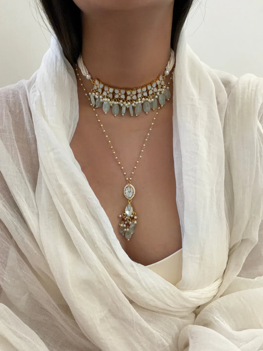 Moon crust long pendant necklace