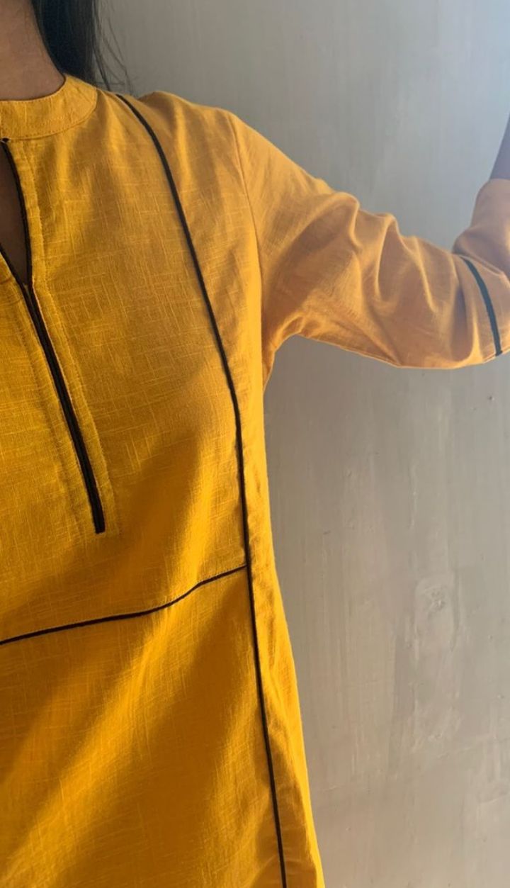 Yellow Piping Kurta Set