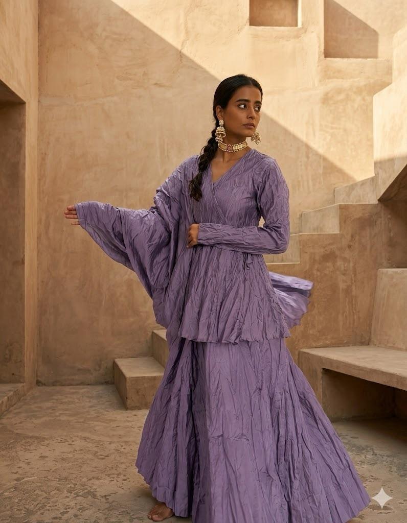 Crushed skirt kurta dupatta set Lilac