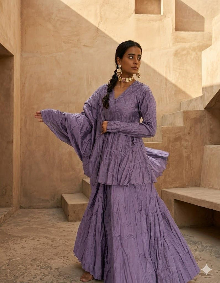 Crushed skirt kurta dupatta set Lilac