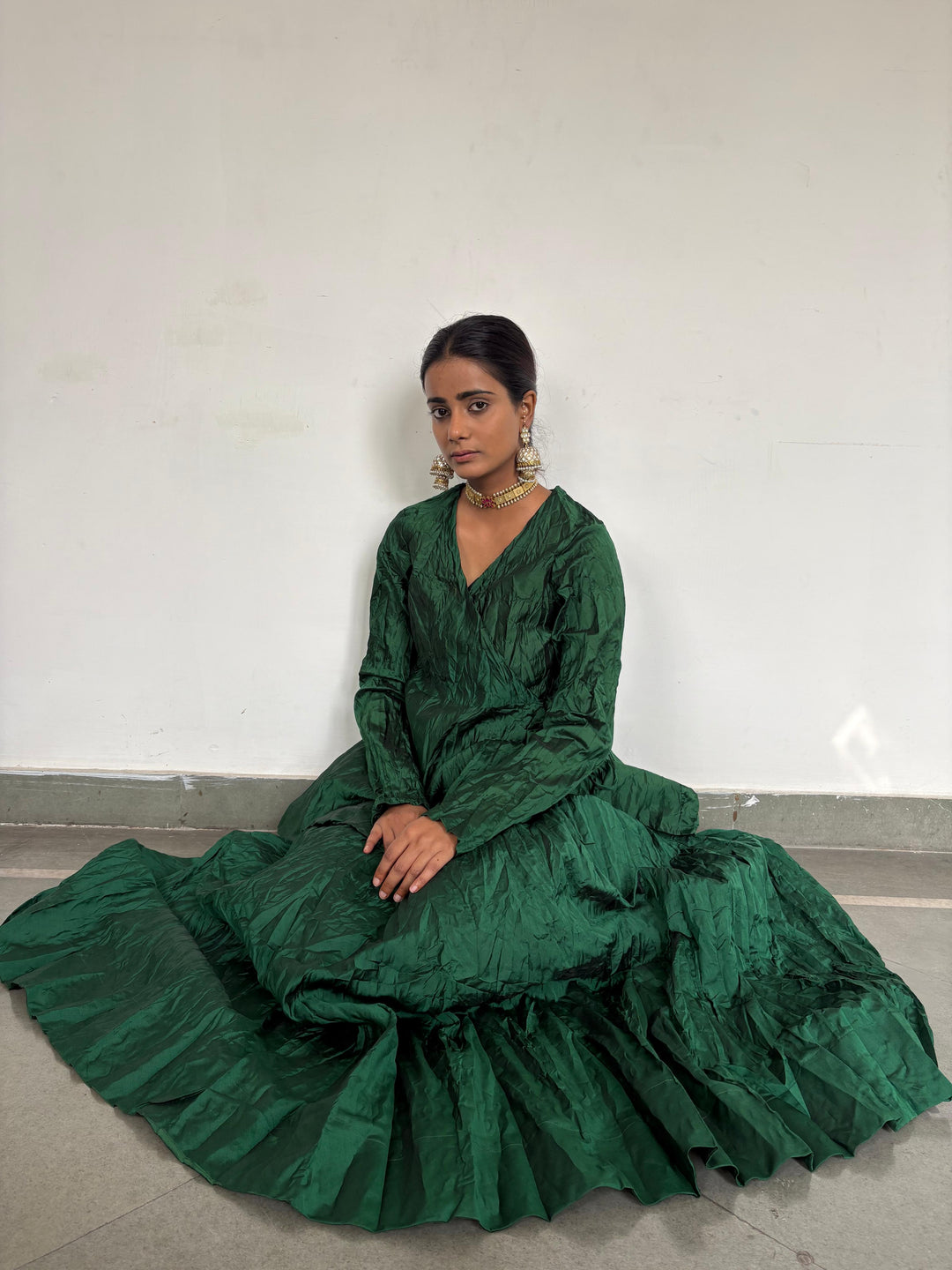 Crushed skirt kurta dupatta set Dark green