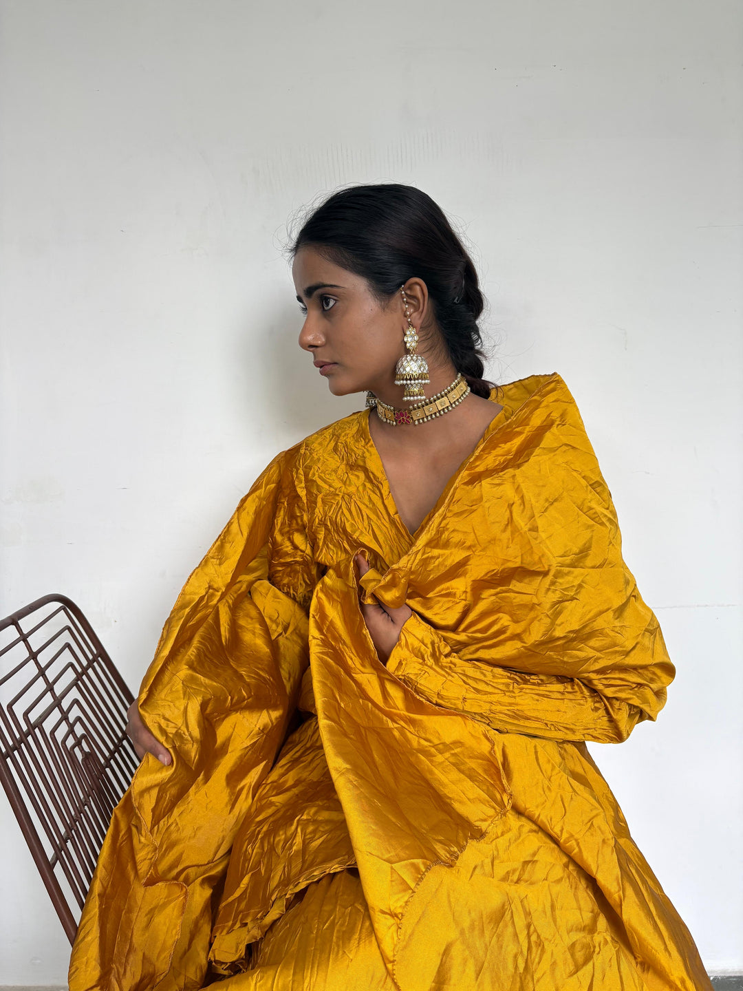 Crushed skirt kurta dupatta set yellow