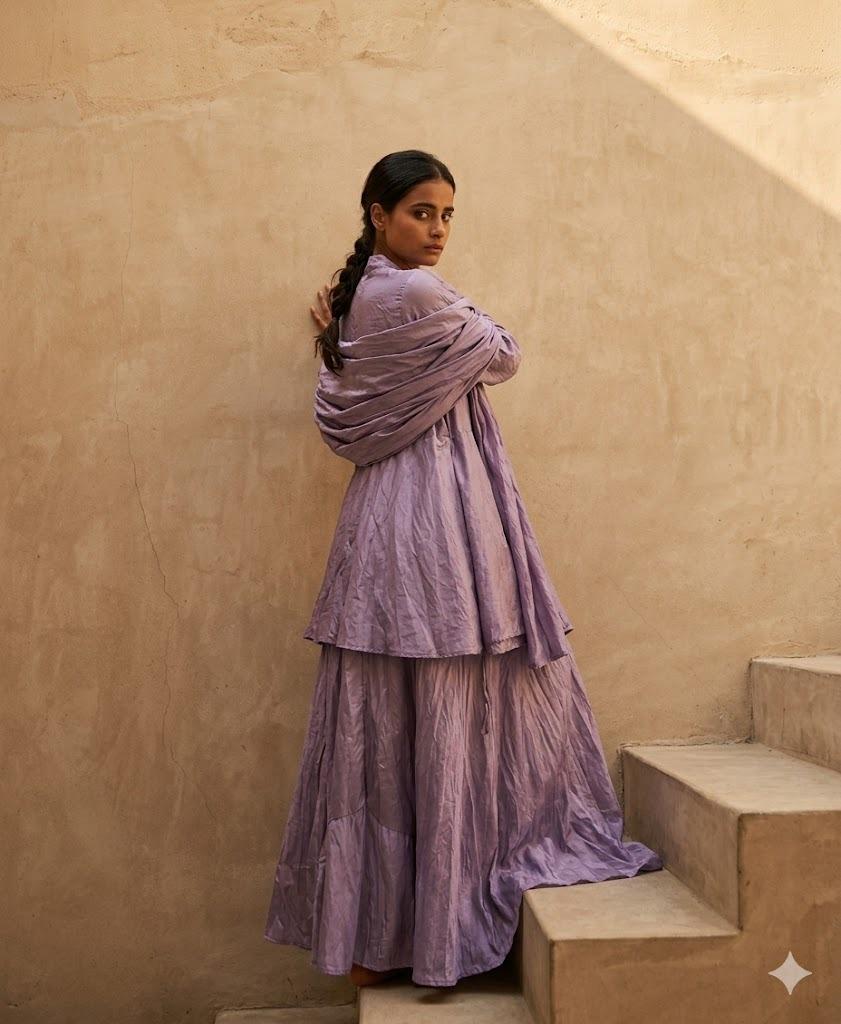 Crushed skirt kurta dupatta set Lilac