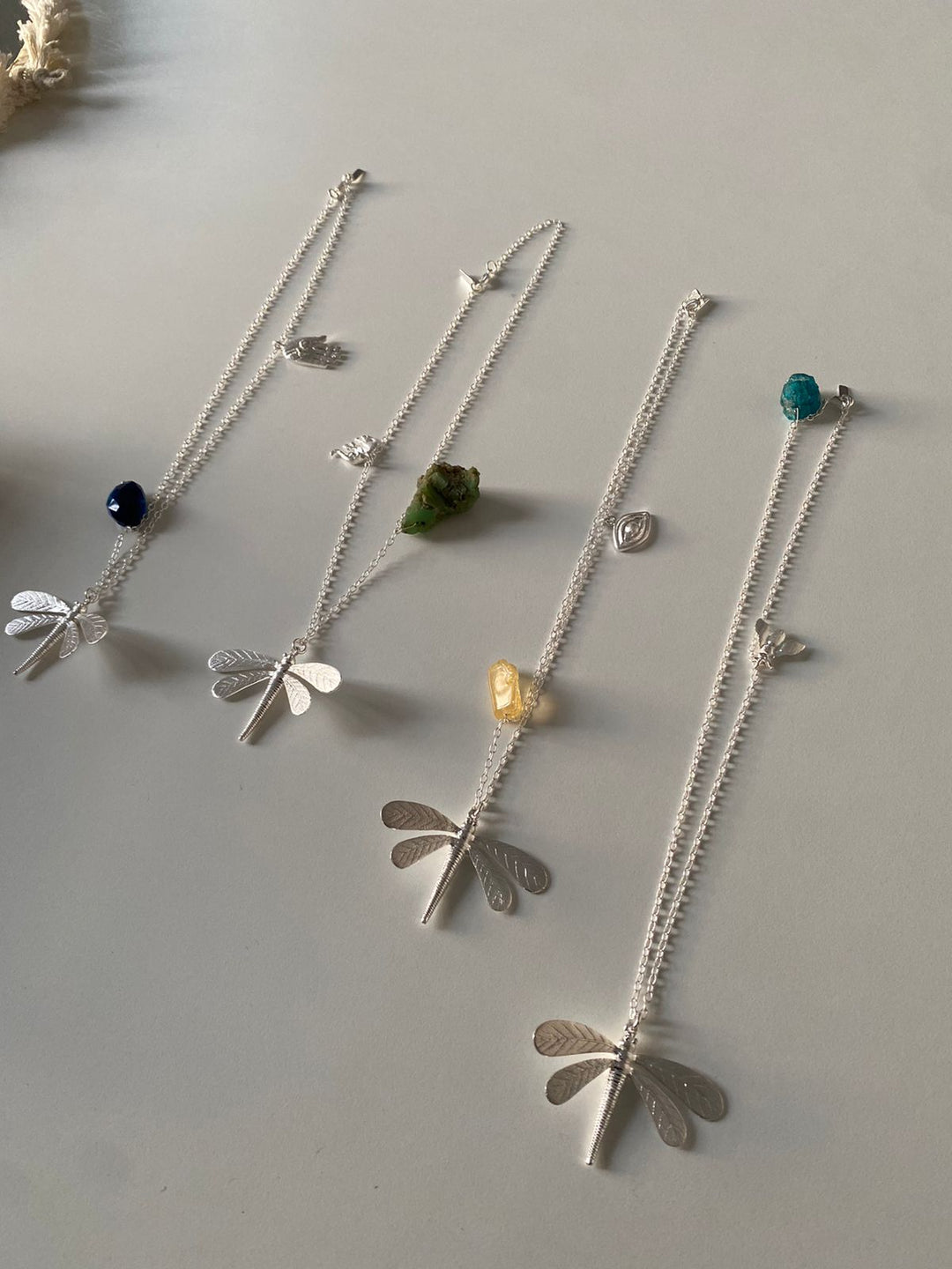 Dragonfly silver stone charm necklace