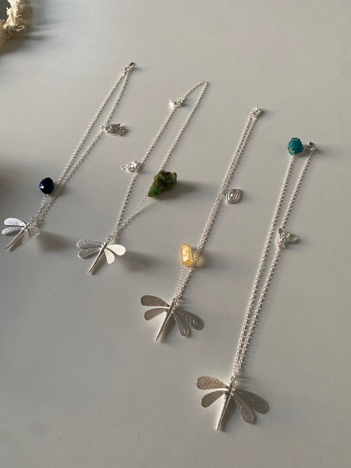 Dragonfly silver stone charm necklace