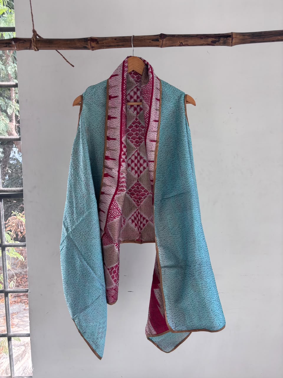 Reversible silk kantha cape