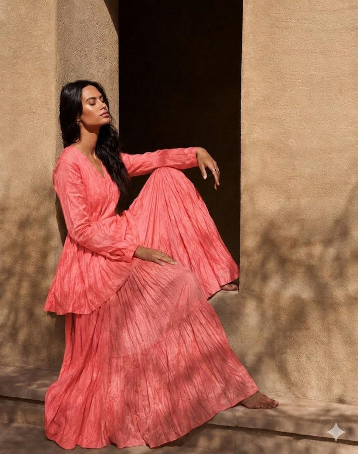 Crushed skirt kurta dupatta set Salmon Pink