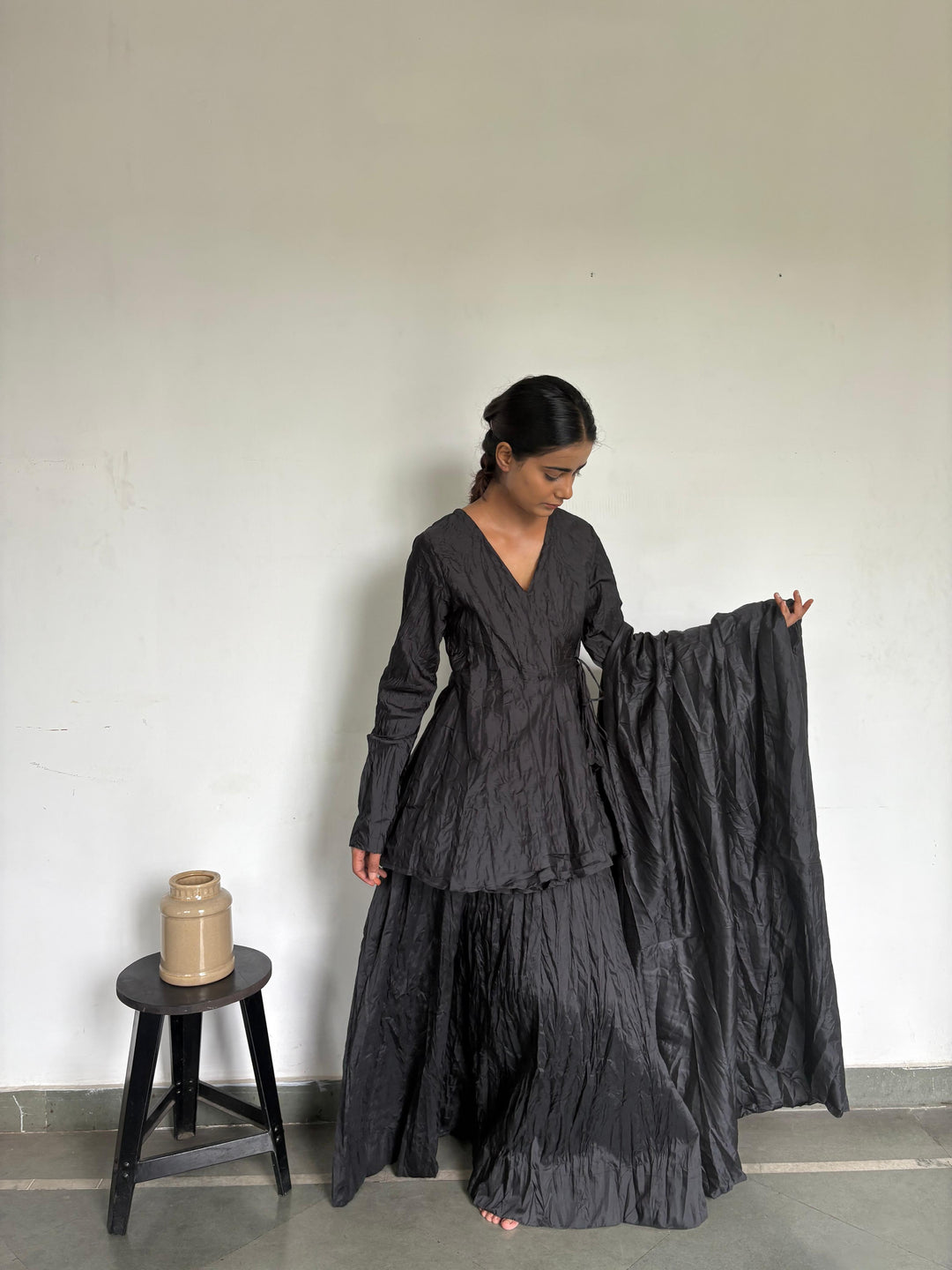 Crushed skirt kurta duppata set black