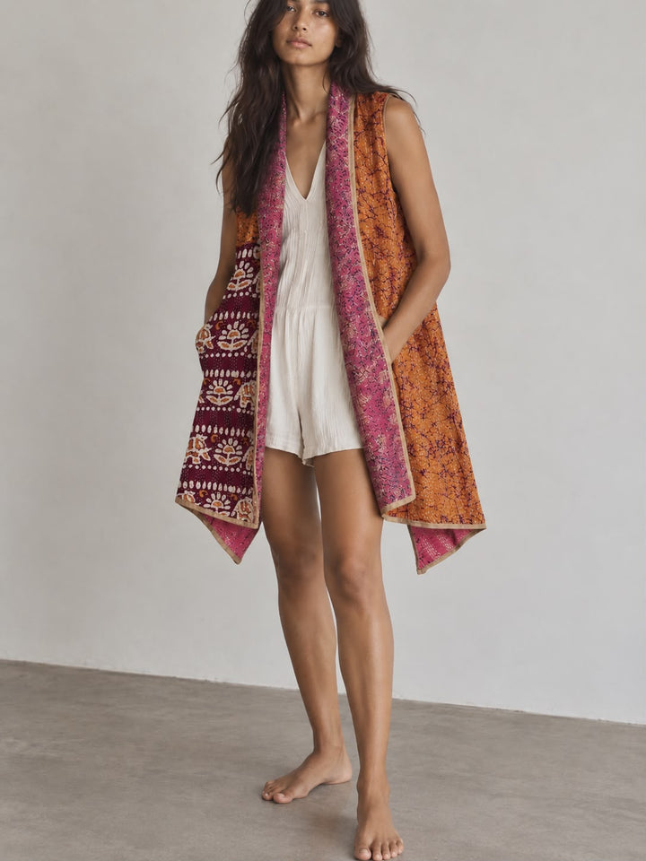 Reversible silk kantha cape