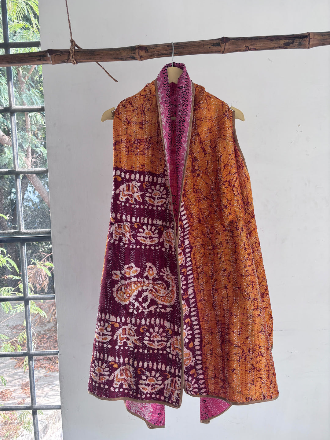 Reversible silk kantha cape