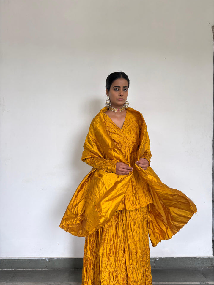 Crushed skirt kurta dupatta set yellow