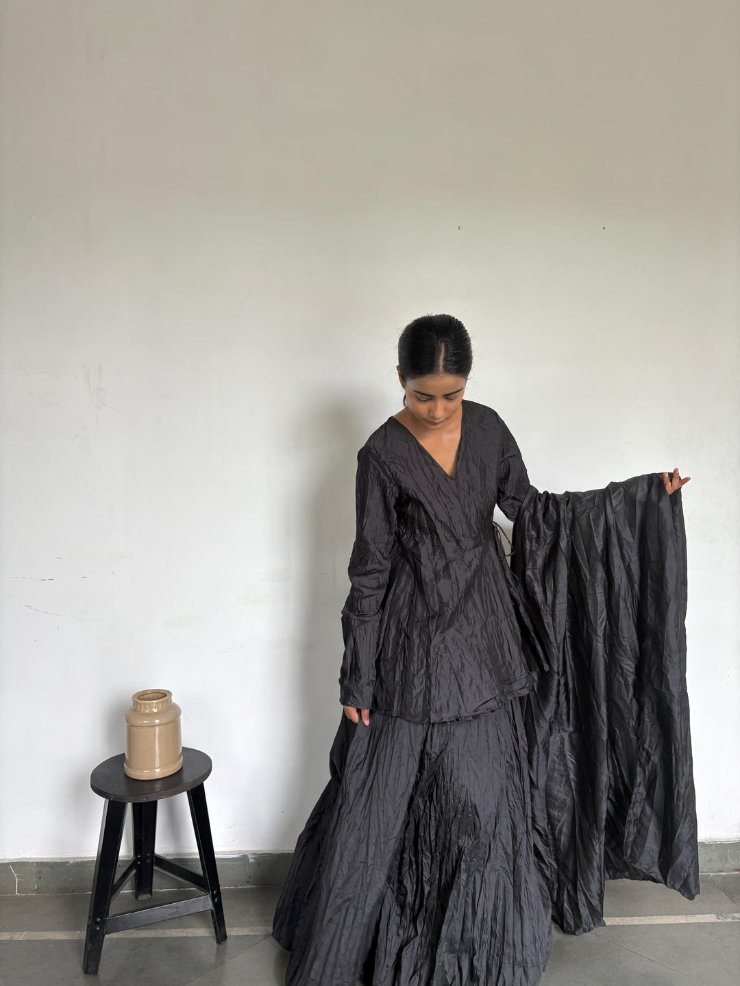 Crushed skirt kurta duppata set black