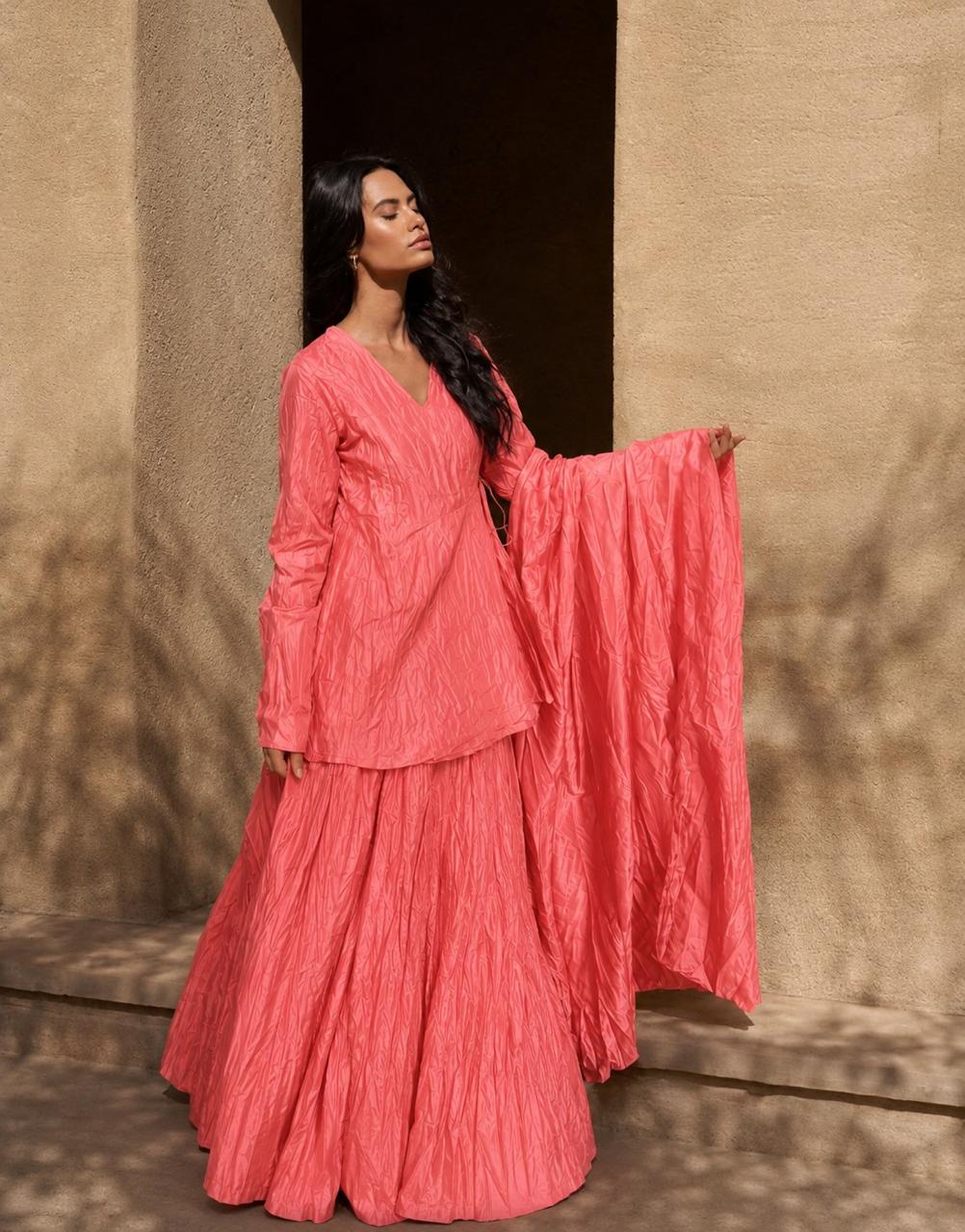 Crushed skirt kurta dupatta set Salmon Pink
