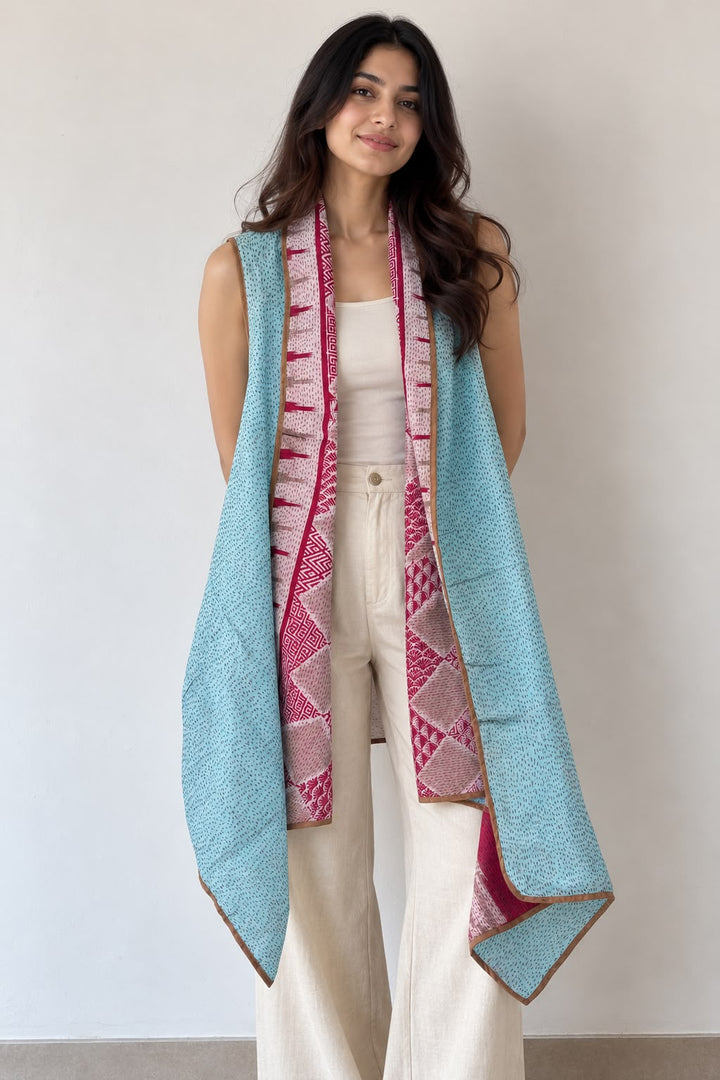 Reversible silk kantha cape