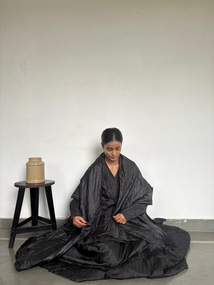 Crushed skirt kurta duppata set black