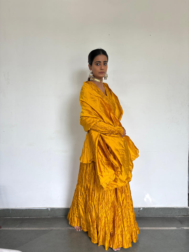 Crushed skirt kurta dupatta set yellow