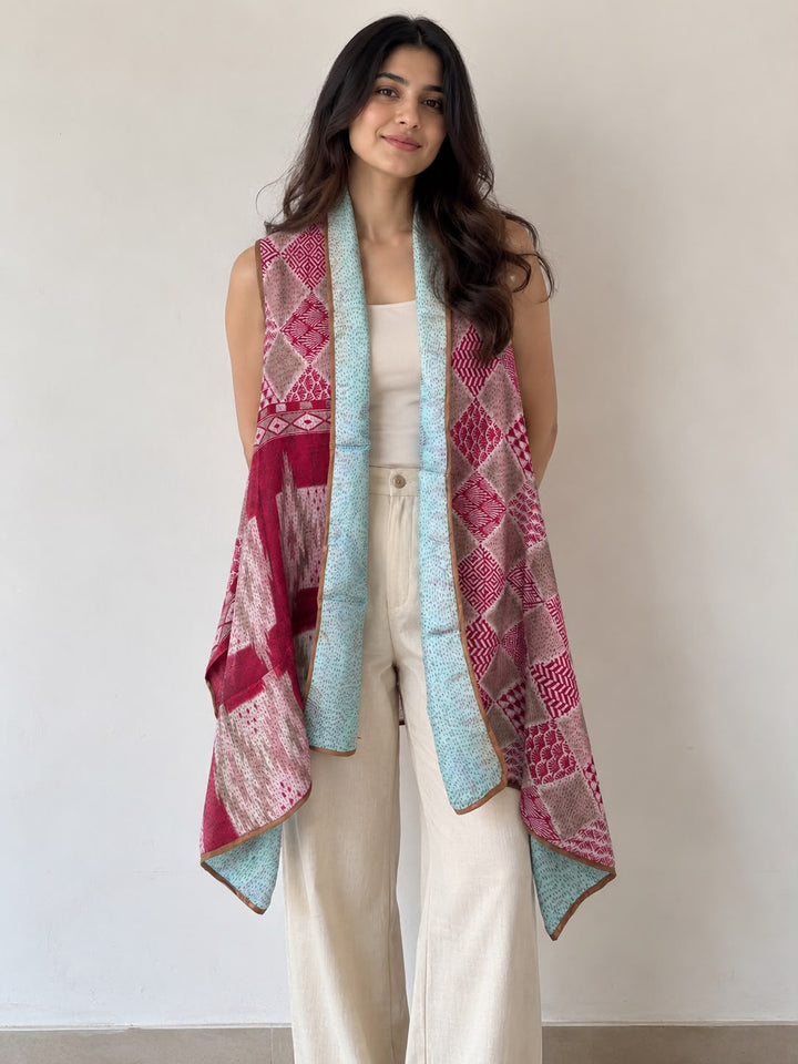 Reversible silk kantha cape