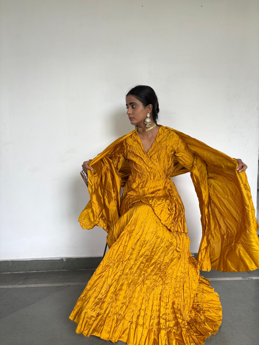 Crushed skirt kurta dupatta set yellow