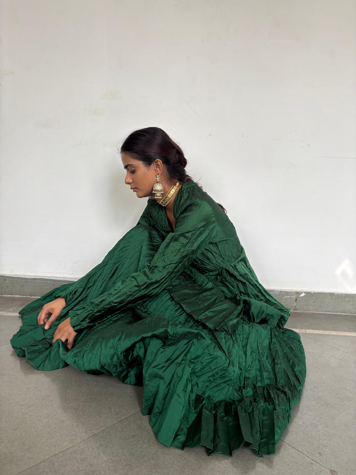 Crushed skirt kurta dupatta set Dark green