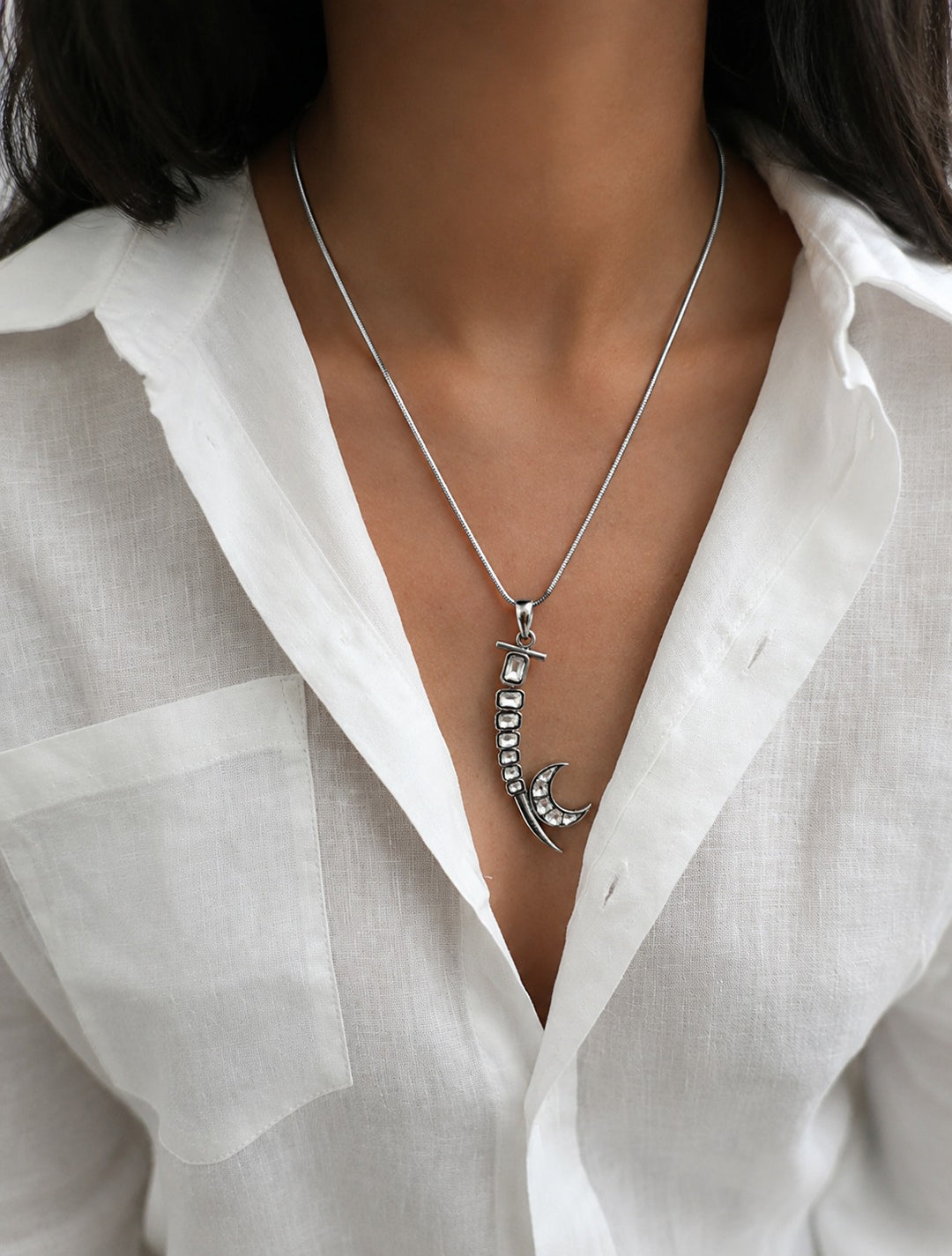 Crescent sword silver necklace